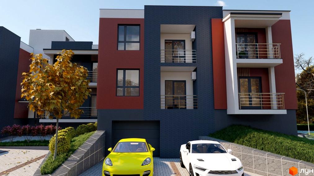 Клубний будинок Сіті Хаус №1 з фасадом цегляного та червоного кольорів, білими балконами та гаражем. Прибудинкова територія має доріжки, зелені насадження та дерева.