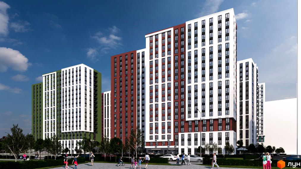 Зовнішній вигляд новобудови ЖК Акварель-9 з білими та червоними фасадами, зеленою зоною та людьми на території. Комплекс має багатоповерхові будинки з великою кількістю вікон.