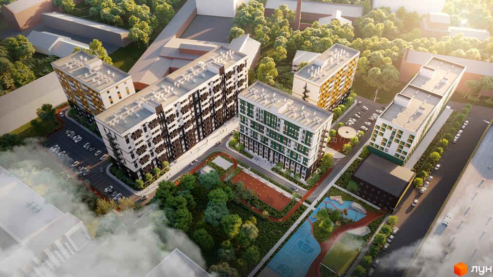 Житловий комплекс Urban City – це сучасна забудова з різнокольоровими фасадами та зеленою прибудинковою територією, що включає дитячі та спортивні майданчики.