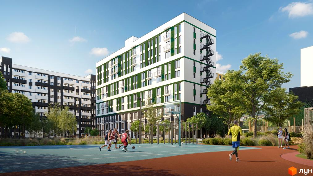 Житловий комплекс Urban City з біло-зеленими фасадами та баскетбольним майданчиком. На території комплексу розташовані дерева та місця для відпочинку.