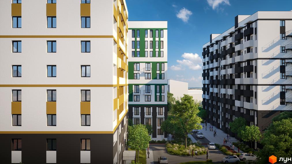 Зовнішній вигляд житлового комплексу Urban City з різнокольоровими фасадами та прибудинковою територією з деревами та людьми.