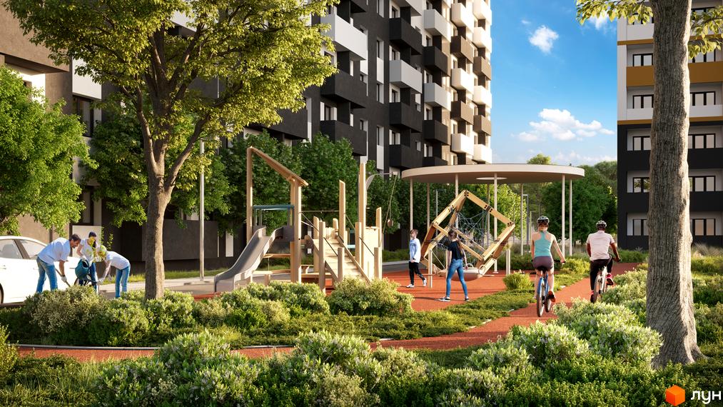 Житловий комплекс Urban City з дитячим майданчиком та зеленими зонами. Люди відпочивають на території новобудови, катаються на велосипедах.