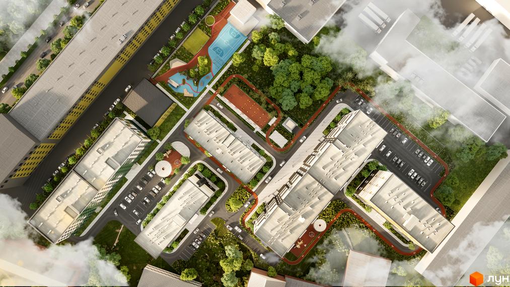 Вид зверху на житловий комплекс Urban City з багатоповерховими будинками та прибудинковою територією, що включає спортивні майданчики та зелені зони.