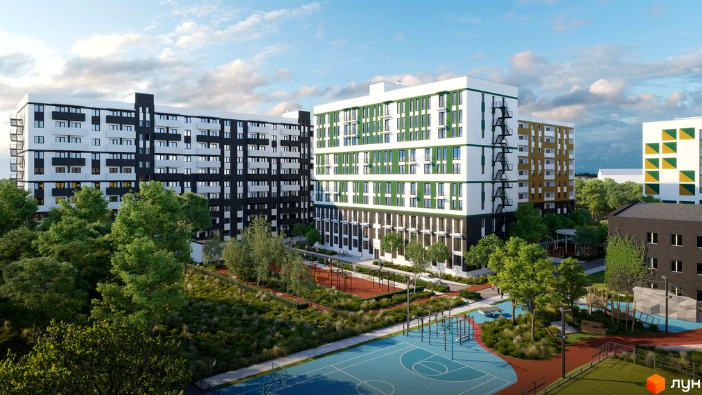 Житловий комплекс Urban City з фасадами чорного, білого та зеленого кольорів. На прибудинковій території розташовані спортивні майданчики та зелені зони.