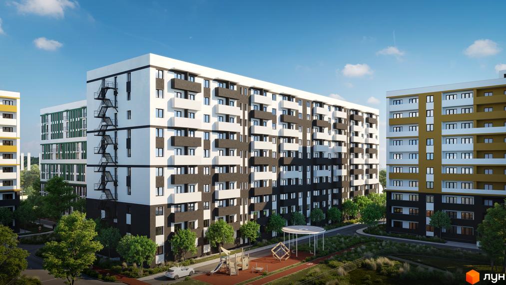 Зовнішній вигляд житлового комплексу Urban City з білими та темно-сірими фасадами, балконами та зовнішніми сходами. На прибудинковій території розташовані дитячий майданчик та зелені насадження.
