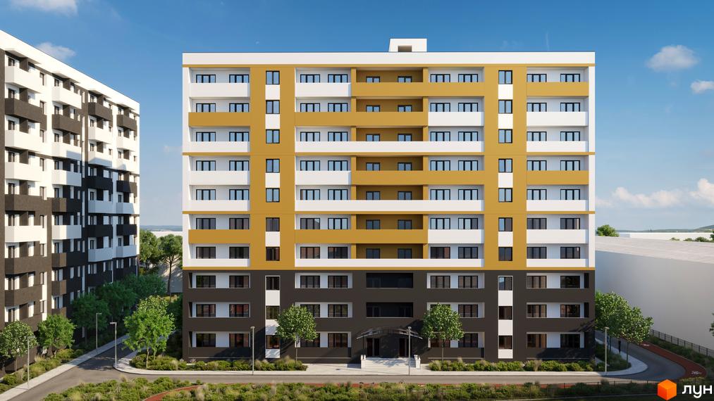 Житловий комплекс Urban City – це сучасна новобудова з жовтими та білими фасадами, балконами та темною нижньою частиною. Навколо комплексу розташовані зелені насадження та доріжки.