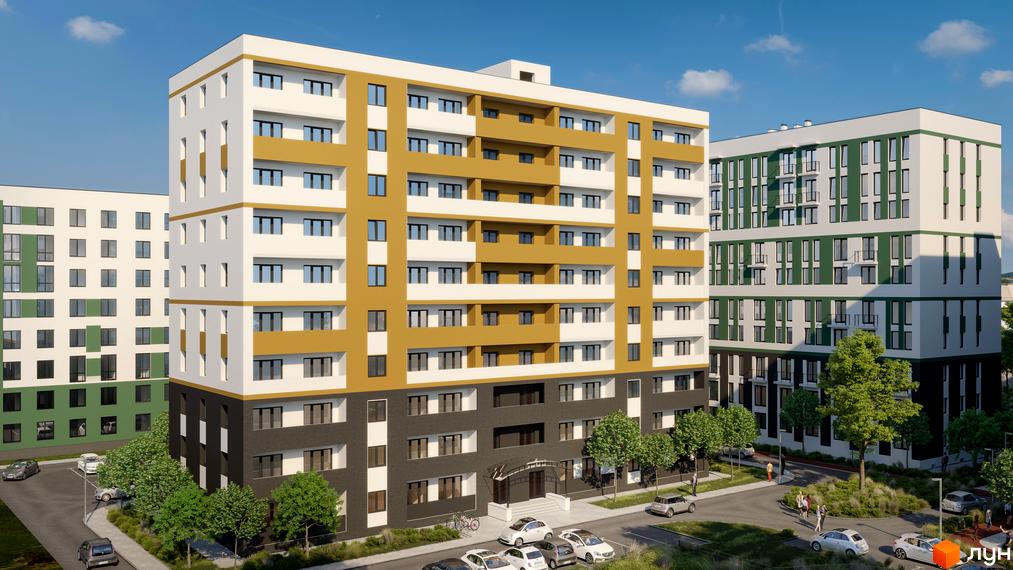 Зовнішній вигляд новобудови ЖК Urban City з жовто-білими фасадами та зелено-білими фасадами, прибудинкова територія з деревами та автомобілями.