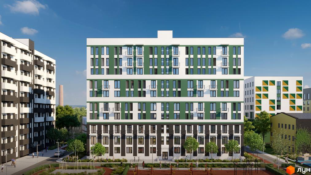 Житловий комплекс Urban City з фасадами білого та зеленого кольорів, з балконами та великими вікнами. На прибудинковій території розташовані дерева та зони відпочинку.