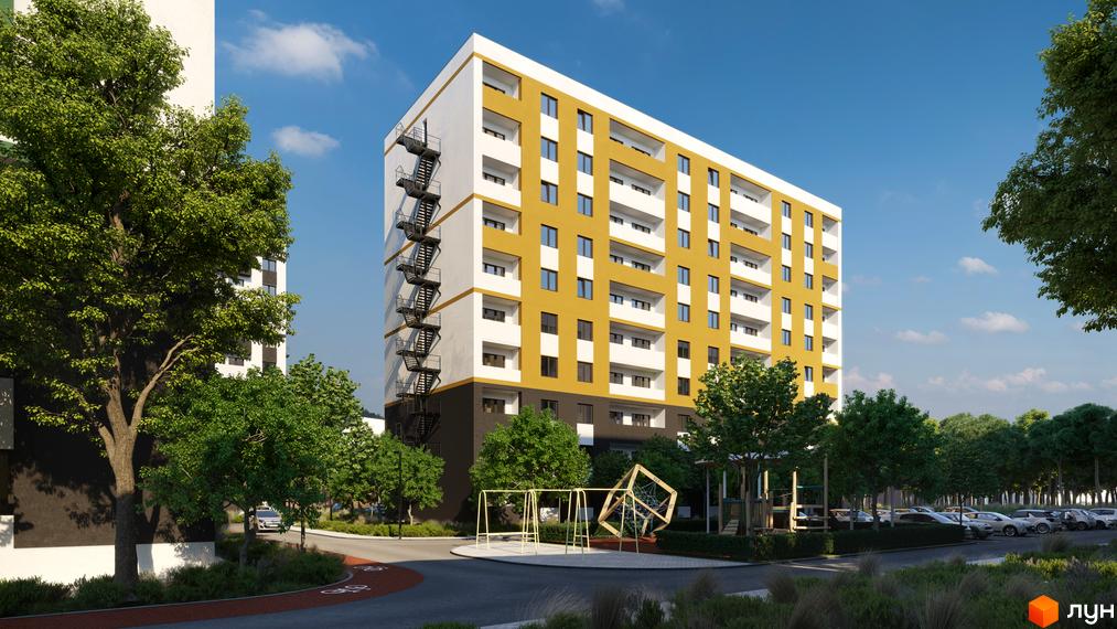 Житловий комплекс Urban City з жовтим фасадом та білими балконами, поруч дитячий майданчик та зелені насадження.