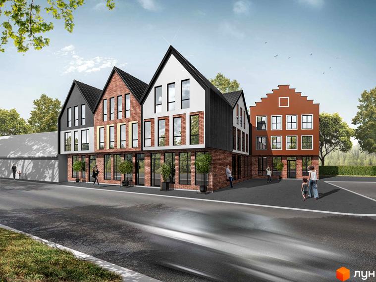 Зовнішній вигляд новобудови на вулиці Залізнична, 37, з цегляним фасадом та великими вікнами. Навколо будинку розташована прибудинкова територія з деревами та людьми.