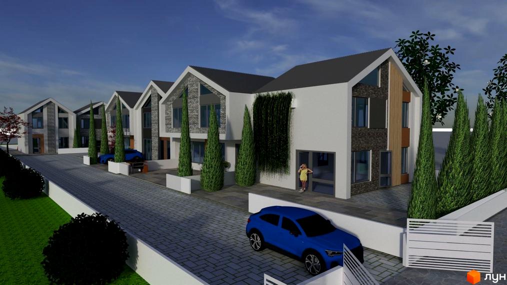 Сучасна новобудова на вул. Кругова, 53 з акуратним подвір'ям та зеленими насадженнями. Зовнішній вигляд будинків з цегляними та білими фасадами, великими вікнами та похилими дахами.