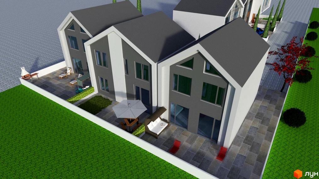 Зображення житлового комплексу на вул. Кругова, 53, з триповерховими будинками, сірими дахами та світлими фасадами. Прибудинкова територія має мощений двір, зелені газони та доріжки.