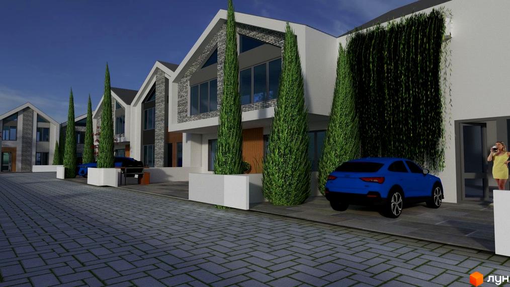 Зовнішній вигляд житлового комплексу на вул. Кругова, 53, з сучасними фасадами та доглянутою прибудинковою територією з деревами та автомобілями.