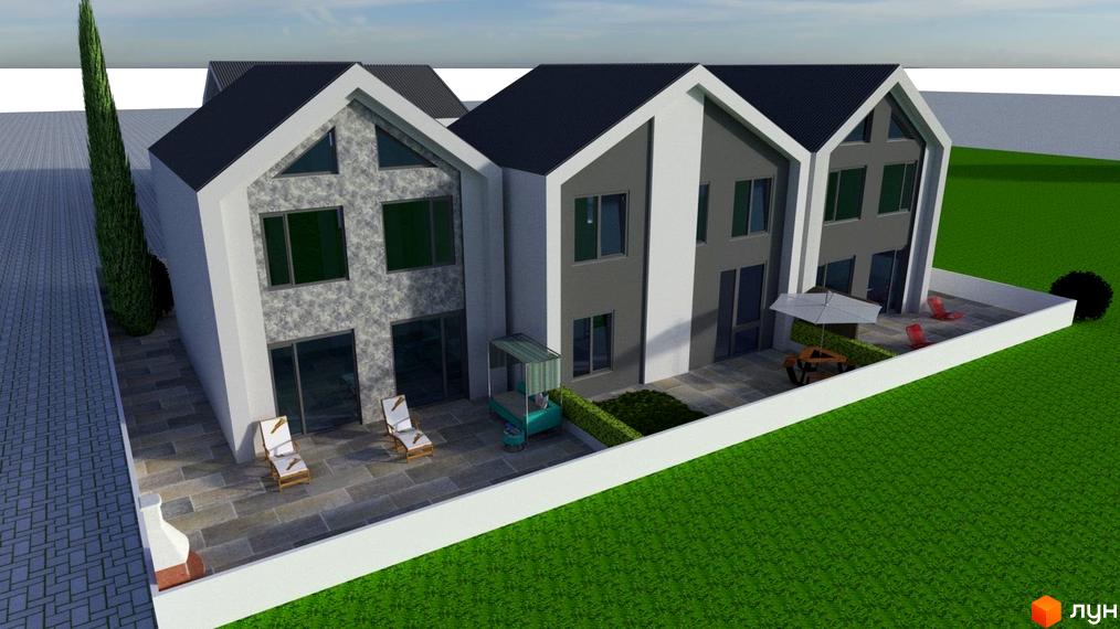 Житловий комплекс на вул. Кругова, 53: триповерхові будинки зі світлими фасадами, темними дахами та прибудинковою терасою з газоном.