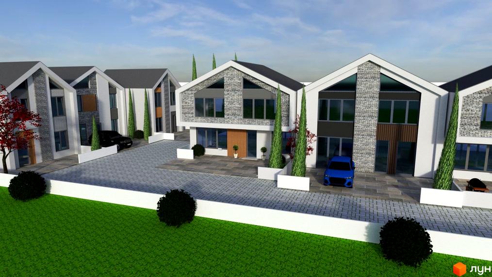 Сучасні двоповерхові будинки з сірою цегляною облицовкою та великими вікнами, розташовані на брукованій території з газоном та деревами.