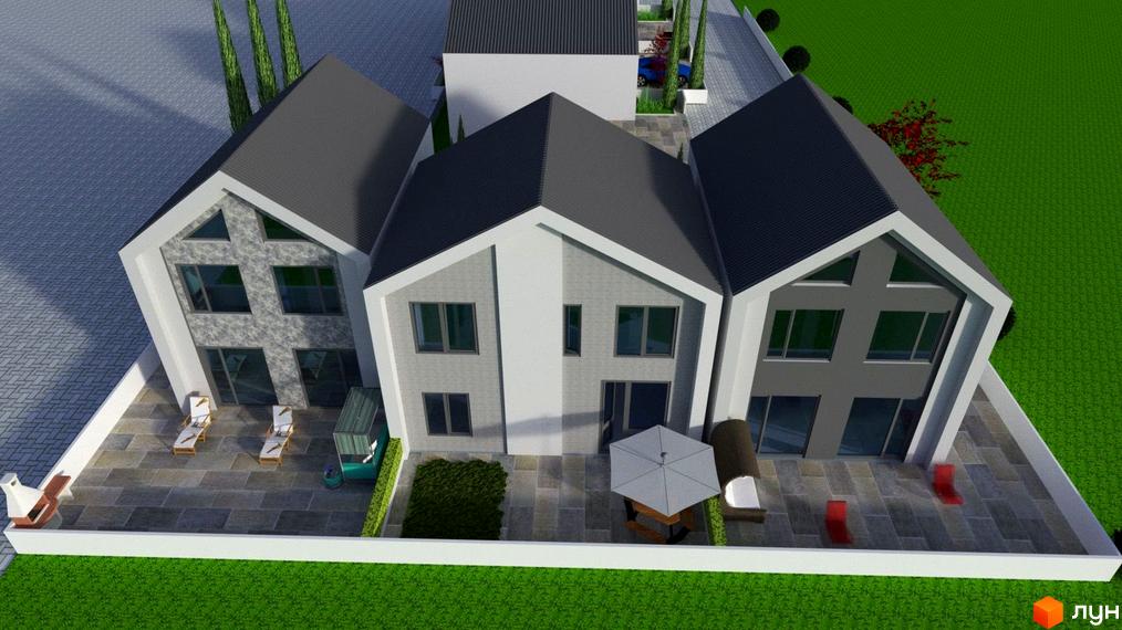 Зовнішній вигляд триповерхового будинку з сірим дахом та білими елементами фасаду. Прибудинкова територія з терасою, шезлонгами та парасолькою.