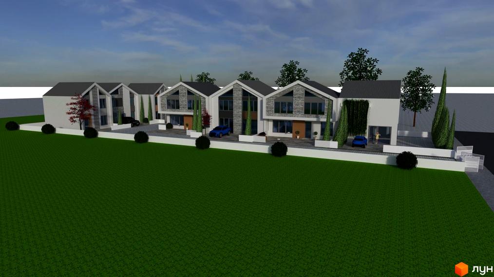 Зовнішній вигляд новобудови на вул. Кругова, 53, з акуратним газоном та деревами. Комплекс має сучасний дизайн з кам'яним оздобленням фасадів та великими вікнами.