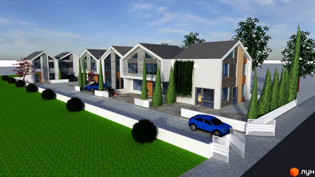 Ряд двоповерхових будинків за адресою вул. Кругова, 53, з білими фасадами та кам'яним облицюванням. Прибудинкова територія має вимощені доріжки та зелені насадження.