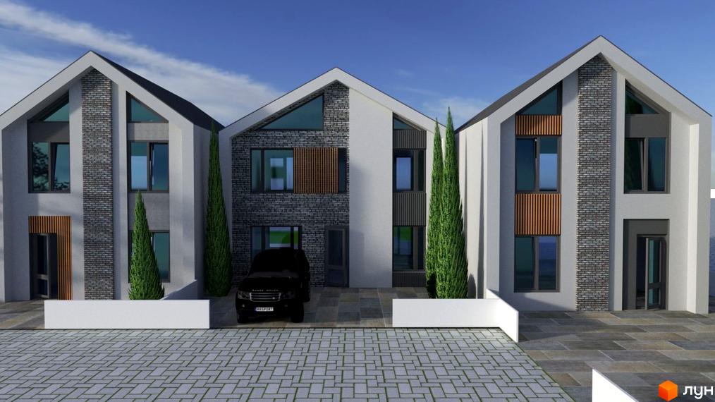 Новобудова на вул. Кругова, 53: будинки з двосхилими дахами та комбінованими фасадами, вимощена бруківкою територія з озелененням.