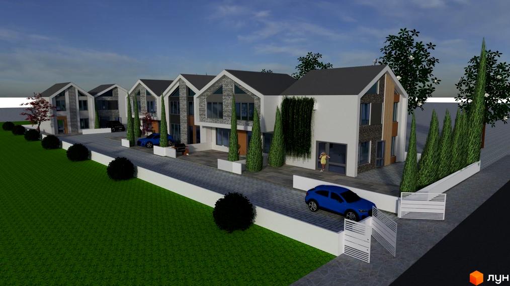 Зображення житлового будинку з білими стінами та сірим дахом. Перед будинком газон, доріжка та машини. На території є дерева.