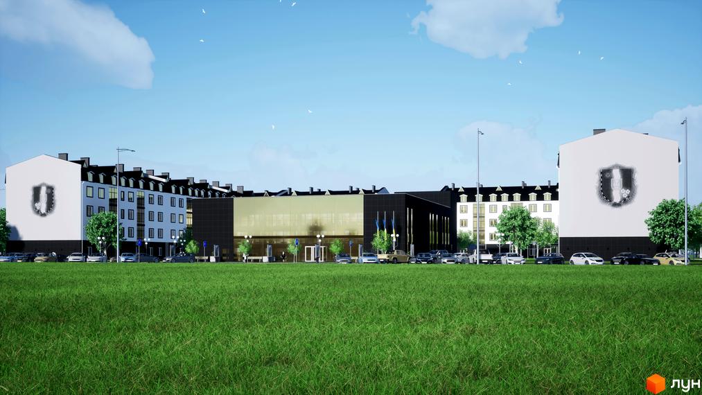 Житловий комплекс АгроЦентр 1: фасади будівель з гербом, парковка та зелена галявина перед комплексом. Зовнішній вигляд новобудови та прибудинкова територія.