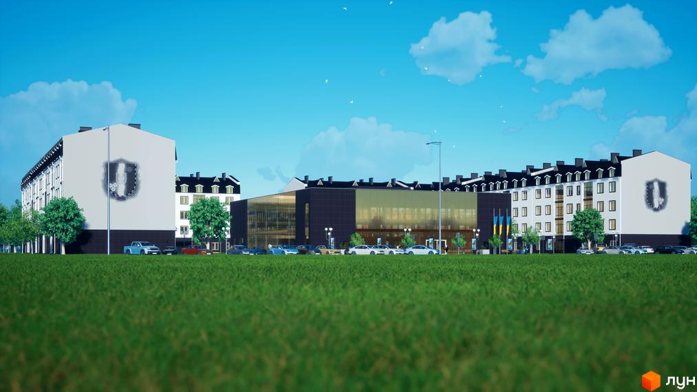 Фасад житлового комплексу АгроЦентр 1 з великою зеленою зоною та парковкою. Комплекс має білі фасади з темними дахами та велике скляне приміщення.