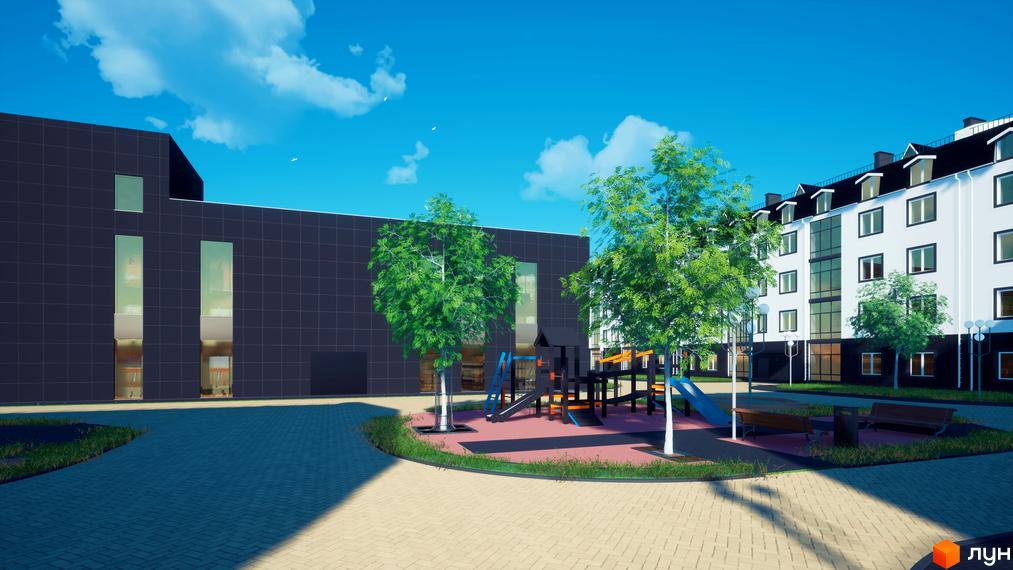 Житловий комплекс АгроЦентр 1 з будинками білого та темно-сірого кольору. На території облаштований дитячий майданчик та зелені насадження.