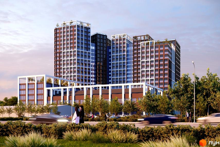 Житловий комплекс TOPOL TOWN: висотні будівлі з коричневими та синіми фасадами, білими елементами та озелененням. Поруч дорога, зелені насадження та пішоходи.