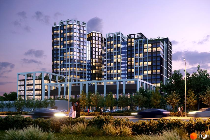 Багатоповерхові будинки БФК TOPOL TOWN з темними фасадами та світлими віконними рамами. На передньому плані дорога, автомобілі та зелені насадження.