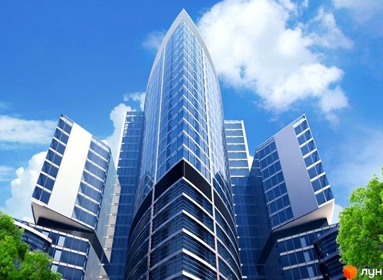 Житловий комплекс H-Tower з фасадом зі скла та сучасною архітектурою, оточений зеленими насадженнями.