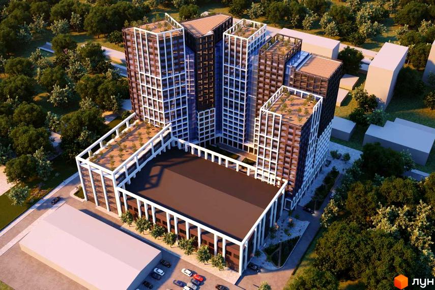 Будівельний проєкт TOPOL TOWN: комплекс висотних будівель з коричневими фасадами та білими каркасами, деякі з зеленими дахами. Навколо багато дерев та паркувальних зон.