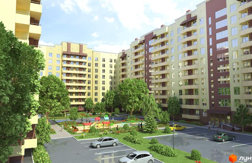 Житловий комплекс Новосельцево: багатоповерхові будинки світло-жовтого та коричневого кольору з балконами. У дворі зелені дерева, дитячий майданчик та паркінг.