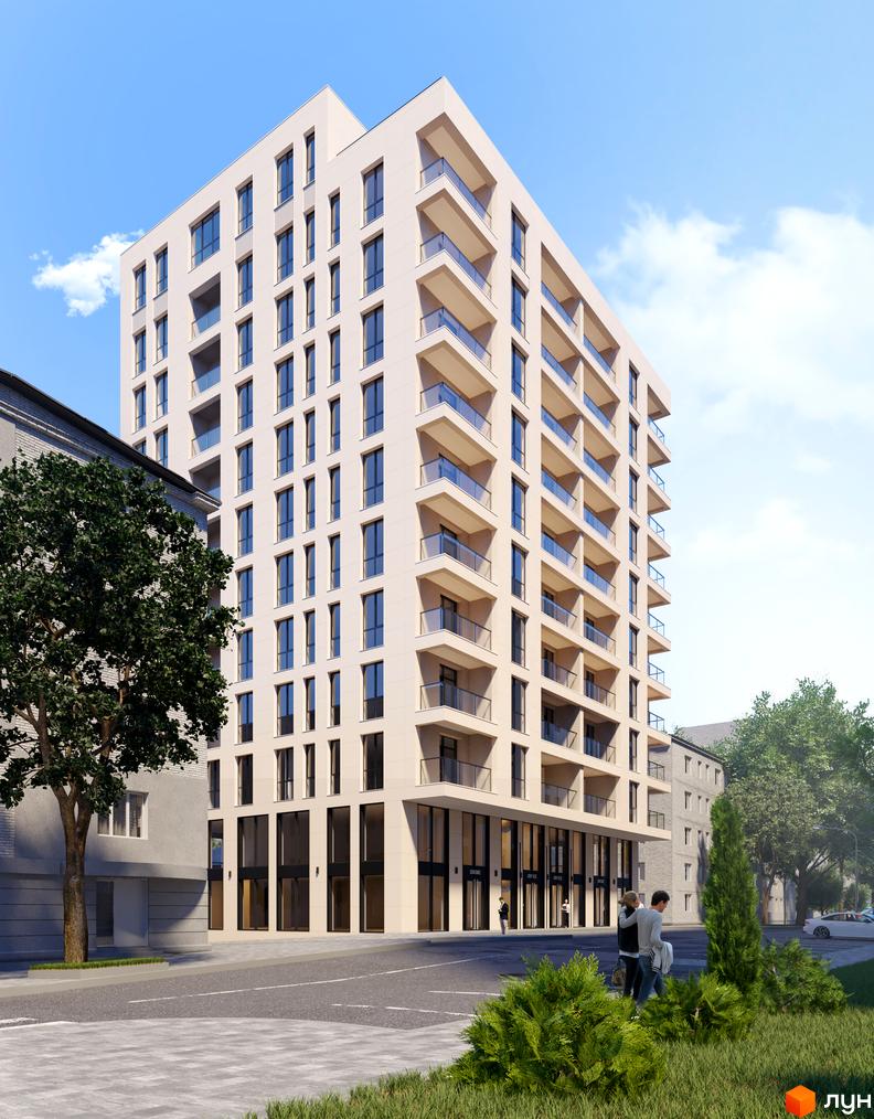 Житловий комплекс Жовтневий: світлий багатоповерховий будинок з великими вікнами та скляними балконами. Прибудинкова територія озеленена деревами та кущами.