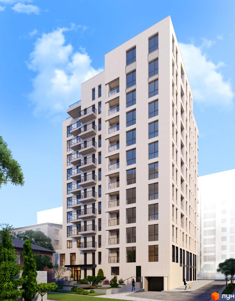 Зображення фасаду та прибудинкової території Житлового комплексу Жовтневий. Багатоповерхова будівля з балконами та зеленим газоном.