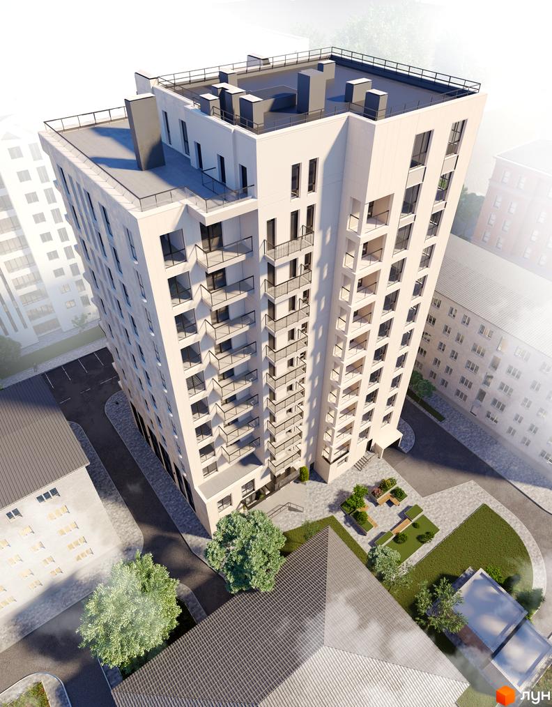 Зображення фасаду та прибудинкової території Житлового комплексу Жовтневий. Вигляд багатоповерхового будинку з балконами.