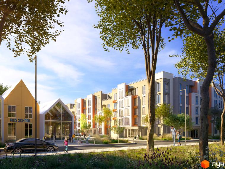 Зовнішній вигляд новобудови ЖК Найкращий квартал-2 з дитячим садком та прибудинковою територією. Комплекс має сучасний дизайн та зелену зону для відпочинку.