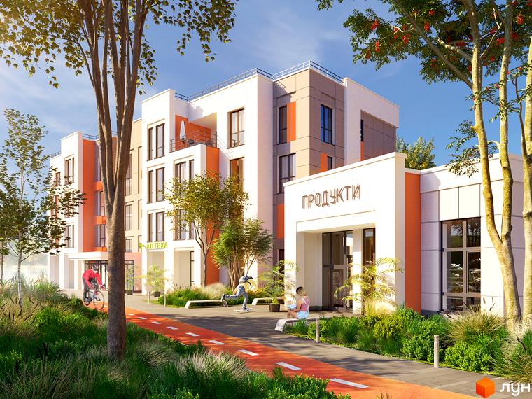 Житловий комплекс Найкращий квартал-2: фасади будівель з оранжевими елементами та прибудинкова територія з велодоріжкою та зонами відпочинку.