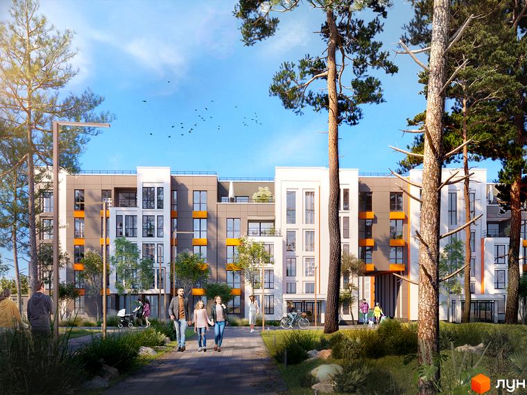 Багатоповерховий будинок житлового комплексу з великими вікнами та балконами. На території комплексу доглянуті алеї, зелені насадження та місця для відпочинку.