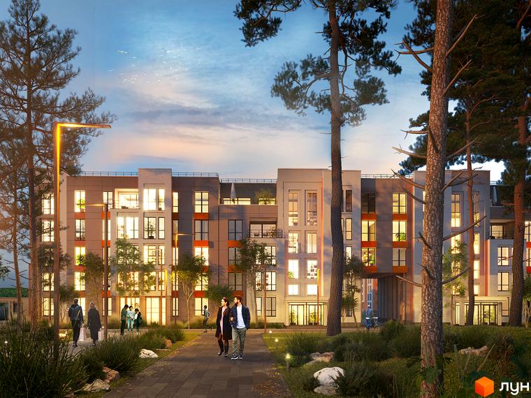 Зображення сторінки житлового комплексу Найкращий квартал-2. Багатоповерховий будинок з великими вікнами та доглянутою прибудинковою територією з деревами та пішохідними доріжками.