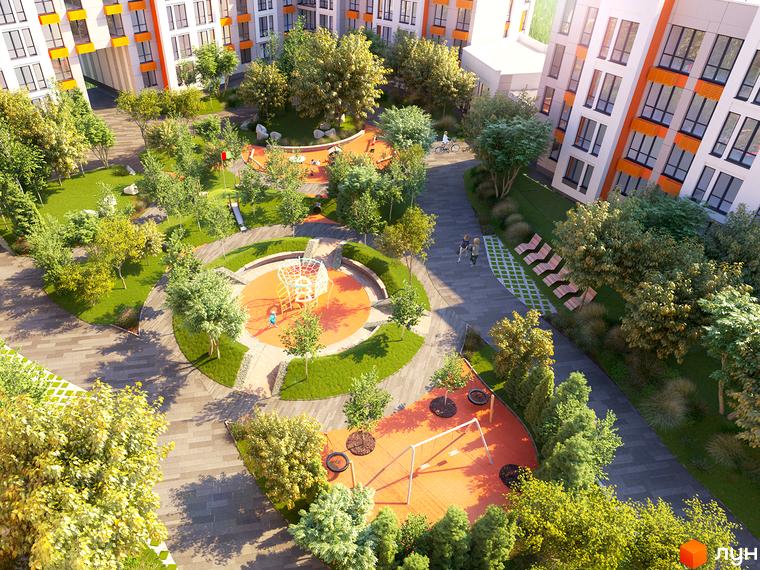 Будівельний проєкт Найкращий квартал-2: багатоповерхові будинки з оранжевими елементами та зелена прибудинкова територія з дитячими майданчиками та зонами відпочинку.