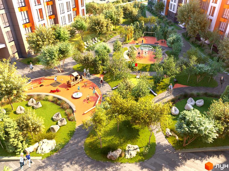 Житловий комплекс Найкращий квартал-2: архітектура з яскравими фасадами, простора прибудинкова територія з дитячим майданчиком та зонами відпочинку.