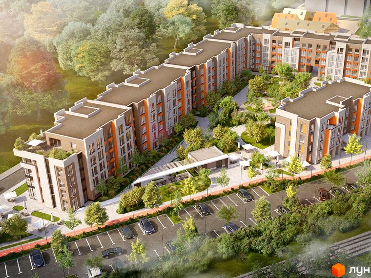 Зовнішній вигляд корпусу житлового комплексу Найкращий квартал-2 з паркуванням та зеленою зоною. Будинки мають сіро-коричневе оздоблення з помаранчевими акцентами.