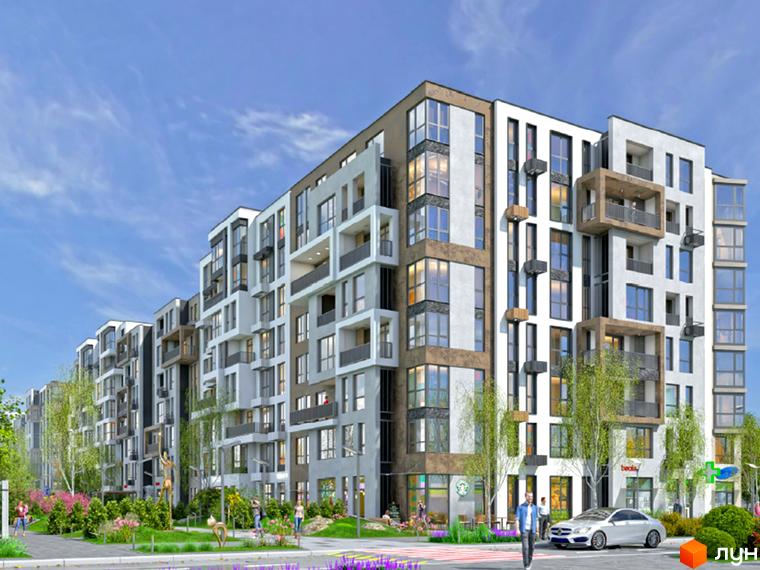 Зовнішній вигляд новобудови ЖК Найкращий квартал-2 з балконами та великими вікнами, зелена прибудинкова територія з деревами та квітами.