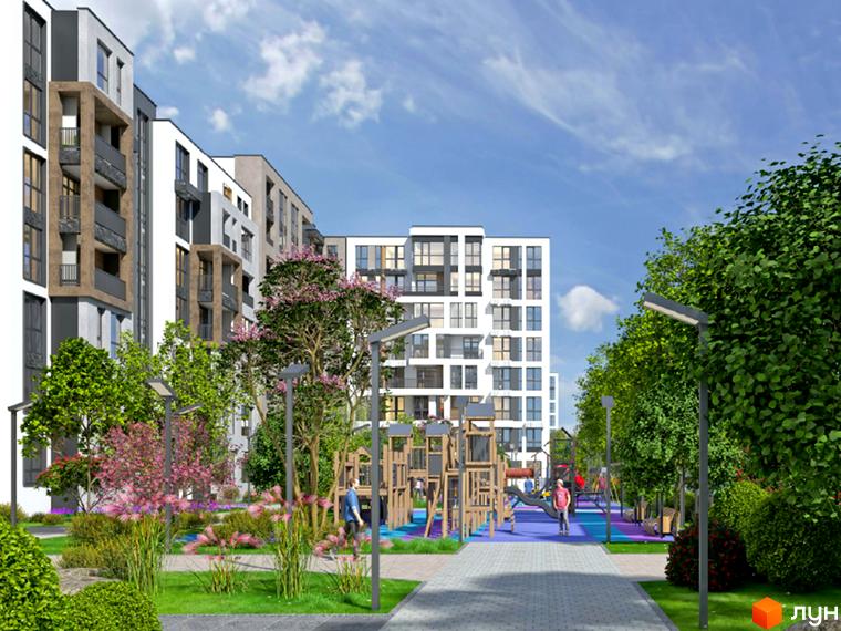 Багатоповерховий будинок ЖК Найкращий квартал-2 з великою прибудинковою територією, дитячим майданчиком та зеленими насадженнями.