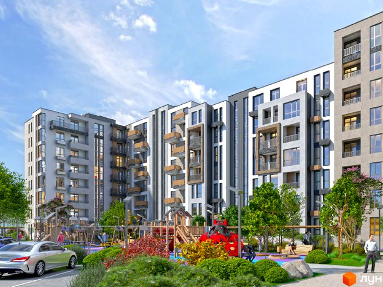 Зовнішній вигляд новобудови ЖК Найкращий квартал-2 з дитячим майданчиком та зоною відпочинку. Сучасний житловий комплекс з елегантною архітектурою та доглянутою територією.