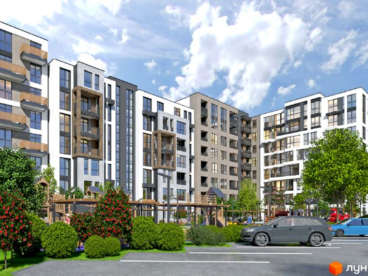 Зображення ЖК Найкращий квартал-2. Багатоповерхові будинки з балконами та великими вікнами. На території комплексу є дитячий майданчик та парковка.