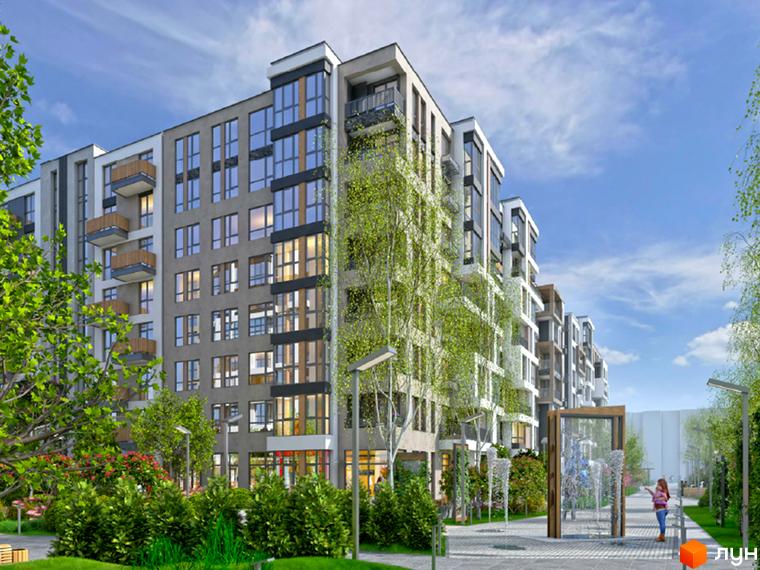 Житловий комплекс Найкращий квартал-2. Сучасна архітектура будівель з балконами, зелена прибудинкова територія з фонтаном та місцями для відпочинку.