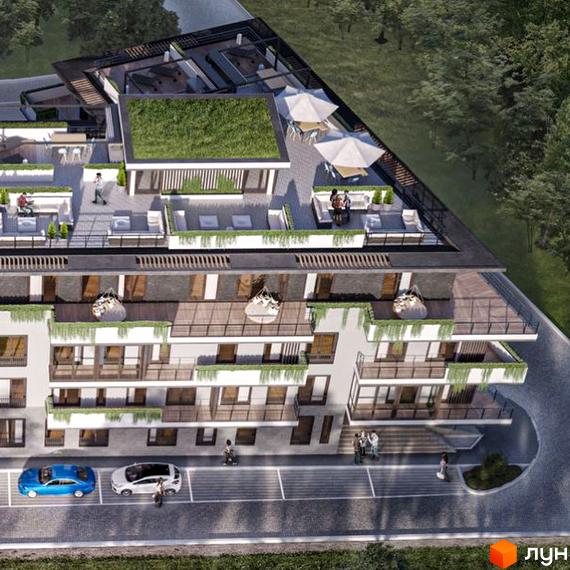 Житловий комплекс Regensburg House з каскадними балконами, озелененням та терасами на даху. Перед будинком паркінг та дорога.