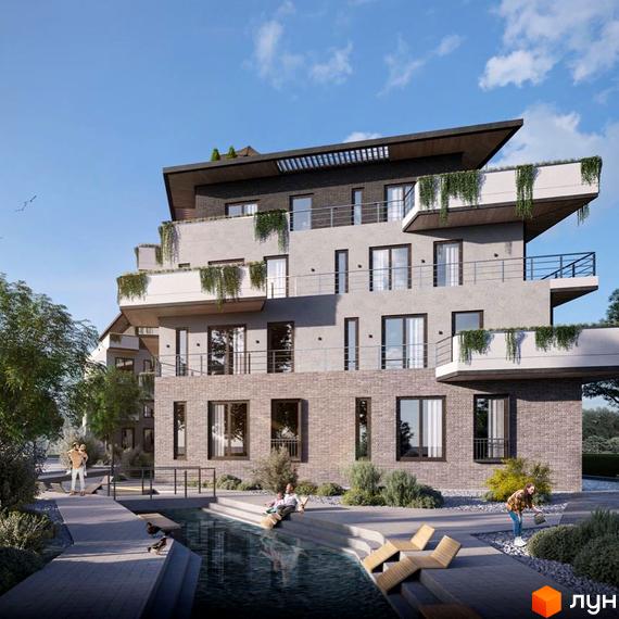 Житловий комплекс Regensburg House з терасами та зеленими насадженнями на балконах. Поруч канал з водою, доріжки та зони відпочинку.
