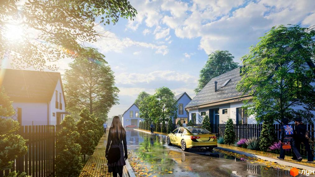 Зображення Котеджного містечка Літо з жовтим автомобілем на вулиці. Навколо зелені дерева та гарні будинки.